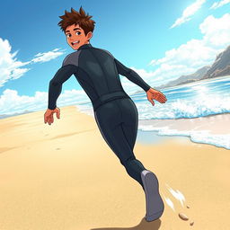 Detailed anime-style cover art for an educational science graphic novel titled 'Coasts', featuring an excited teen male character in a tight soaked wetsuit