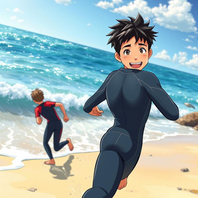 Detailed anime-style cover art for an educational science graphic novel titled 'Coasts', featuring an excited teen male character in a tight soaked wetsuit