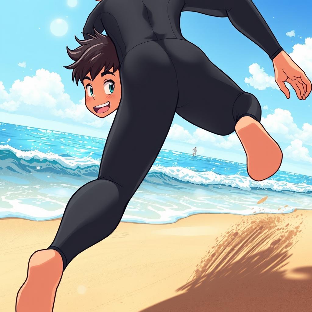 Detailed anime-style cover art for an educational science graphic novel titled 'Coasts', featuring an excited teen male character in a tight soaked wetsuit