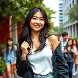A beautiful Chinese university student with a captivating smile and playful demeanor