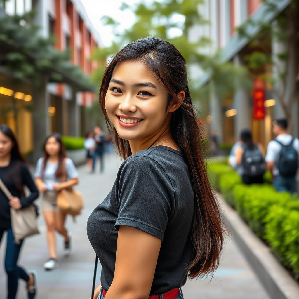 A beautiful Chinese university student with a captivating smile and playful demeanor