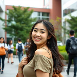 A beautiful Chinese university student with a captivating smile and playful demeanor