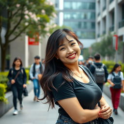 A beautiful Chinese university student with a captivating smile and playful demeanor