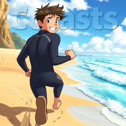 Detailed anime-style cover art for an educational science magazine issue titled 'Coasts', featuring an excited teen male character in a tight wet wetsuit