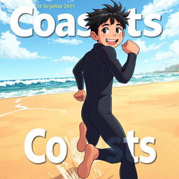 Detailed anime-style cover art for an educational science magazine issue titled 'Coasts', featuring an excited teen male character in a tight wet wetsuit