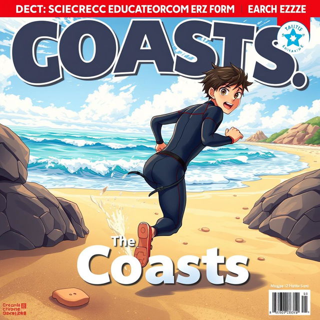 Detailed anime-style cover art for an educational science magazine issue titled 'Coasts', featuring an excited teen male character in a tight wet wetsuit