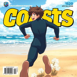 Detailed anime-style cover art for an educational science magazine issue titled 'Coasts', featuring an excited teen male character in a tight wet wetsuit