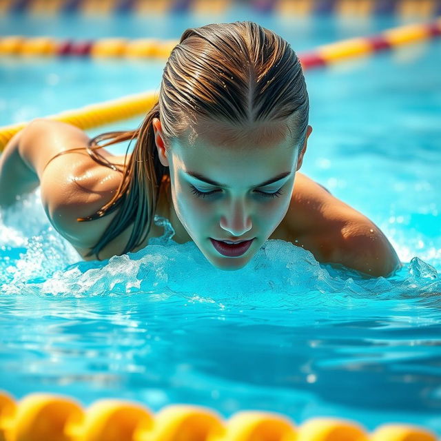 A teenage female athlete gracefully executing the breaststroke in a swimming pool