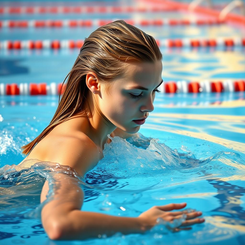 A teenage female athlete gracefully executing the breaststroke in a swimming pool