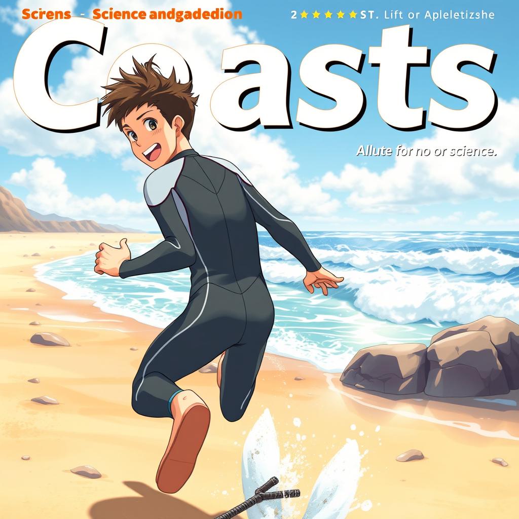 Detailed anime-style cover art for an educational science magazine issue titled 'Coasts', featuring an excited teen male character in a tight wet wetsuit