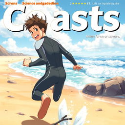 Detailed anime-style cover art for an educational science magazine issue titled 'Coasts', featuring an excited teen male character in a tight wet wetsuit