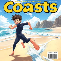 Detailed anime-style cover art for an educational science magazine issue titled 'Coasts', featuring an excited teen male character in a tight wet wetsuit