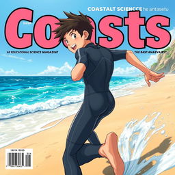 Detailed anime-style cover art for an educational science magazine issue titled 'Coasts', featuring an excited teen male character in a tight wet wetsuit