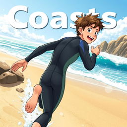 Detailed anime-style cover art for an educational science magazine issue titled 'Coasts', featuring an excited teen male character in a tight wet wetsuit