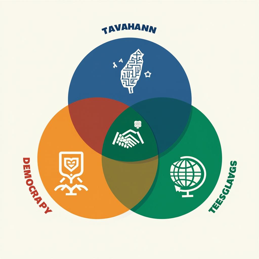A visually dynamic and symbolic Venn diagram illustrating the overlap of Taiwan’s identity, democracy, and global engagement