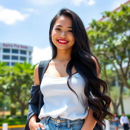 A playful and flirtatious Indonesian university student with very large breasts