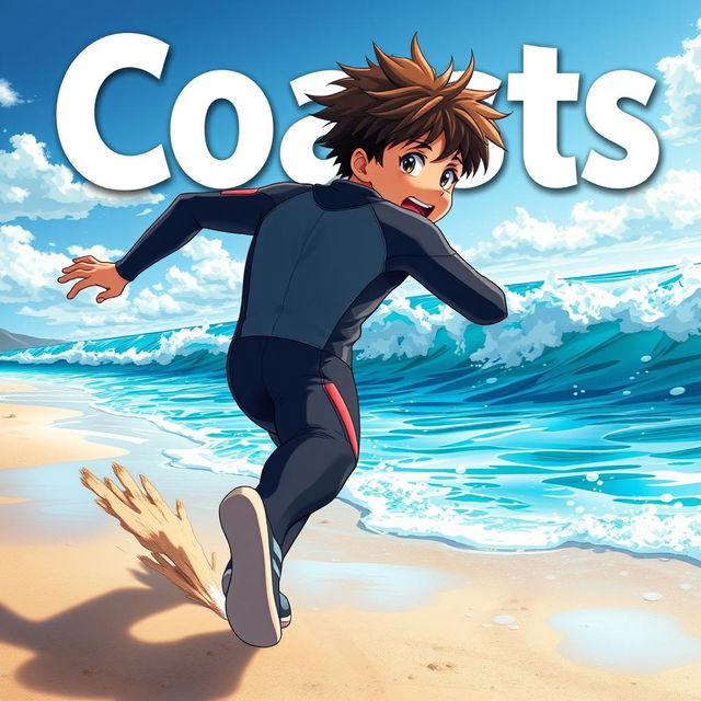 Detailed anime-style cover art for an educational science magazine issue titled 'Coasts', featuring an excited teen male character in a tight wet wetsuit