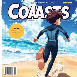 Detailed anime-style cover art for an educational science magazine issue titled 'Coasts', featuring an excited teen male character in a tight wet wetsuit
