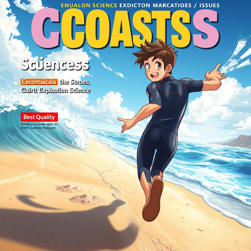 Detailed anime-style cover art for an educational science magazine issue titled 'Coasts', featuring an excited teen male character in a tight shiny wetsuit