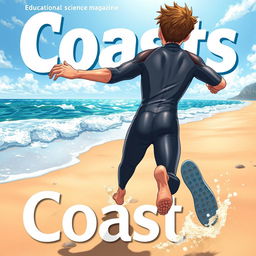Detailed anime-style cover art for an educational science magazine issue titled 'Coasts', featuring an excited teen male character in a tight shiny wetsuit