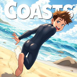 Detailed anime-style cover art for an educational science magazine issue titled 'Coasts', featuring an excited teen male character in a tight shiny wetsuit