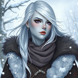 In the style of DnD character art, Lucira is a striking figure with sleek silver skin and ethereal white hair that appears to float gently around her