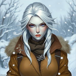 In the style of DnD character art, Lucira is a striking figure with sleek silver skin and ethereal white hair that appears to float gently around her