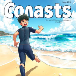 Detailed anime-style cover art for an educational science magazine issue titled 'Coasts', showcasing an excited teen male character in a tight shiny wet wetsuit