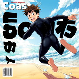 Detailed anime-style cover art for an educational science magazine issue titled 'Coasts', showcasing an excited teen male character in a tight shiny wet wetsuit