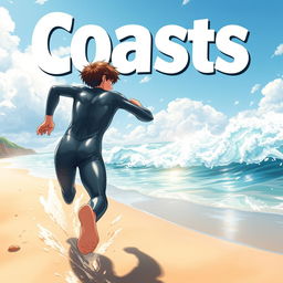 Detailed anime-style cover art for an educational science magazine issue titled 'Coasts', showcasing an excited teen male character in a tight shiny wet wetsuit