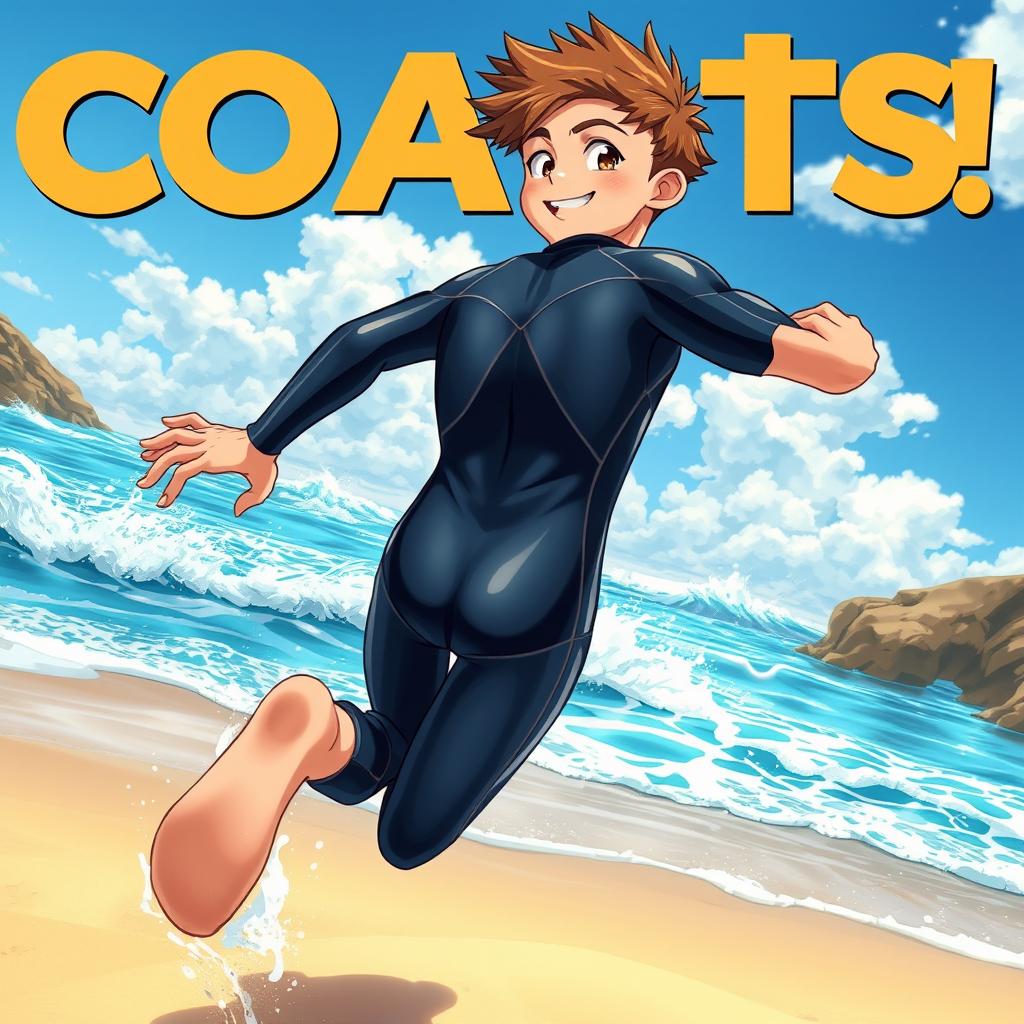 Detailed anime-style cover art for an educational science magazine issue titled 'Coasts', showcasing an excited teen male character in a tight shiny wet wetsuit