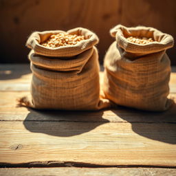 A vibrant and detailed scene featuring two burlap sacks positioned on a wooden surface