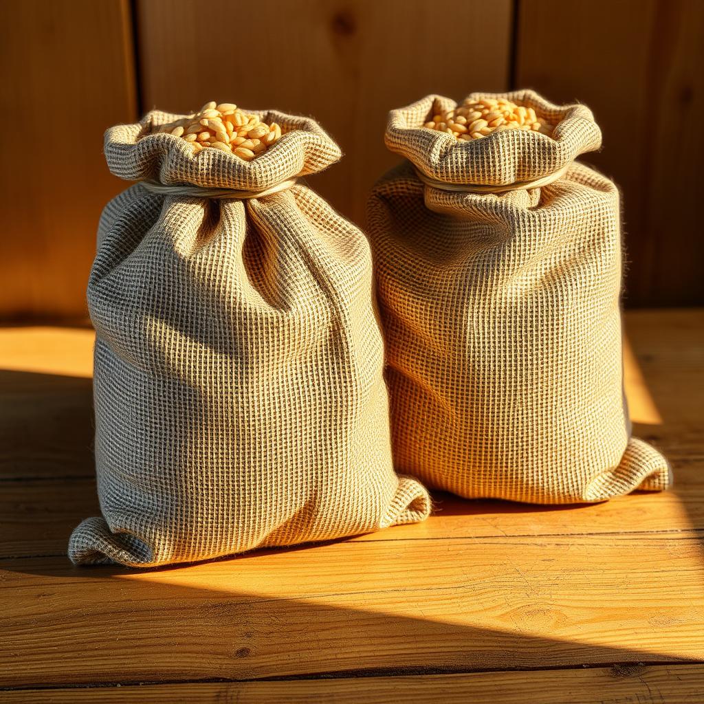 A vibrant and detailed scene featuring two burlap sacks positioned on a wooden surface
