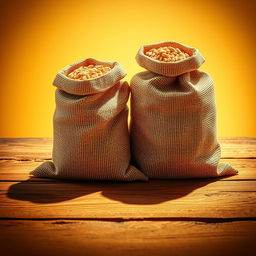 A vibrant and detailed scene featuring two burlap sacks positioned on a wooden surface