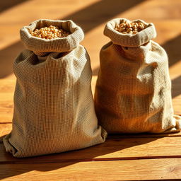 A vibrant and detailed scene featuring two burlap sacks positioned on a wooden surface