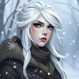 In the style of DnD character art, Lucira is a striking figure with sleek silver skin and ethereal white hair that appears to float delicately around her