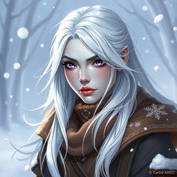 In the style of DnD character art, Lucira is a striking figure with sleek silver skin and ethereal white hair that appears to float delicately around her