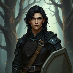A D&D humano cleric with wavy black hair styled in two braids on the sides, dark brown eyes, wearing medium armor in black and brown colors, carrying a light shield