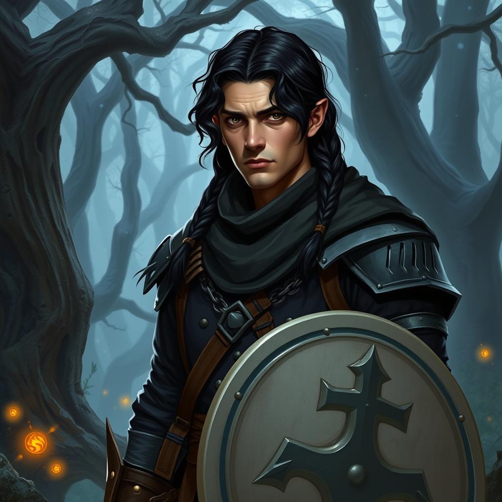 A D&D humano cleric with wavy black hair styled in two braids on the sides, dark brown eyes, wearing medium armor in black and brown colors, carrying a light shield