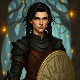 A D&D humano cleric with wavy black hair styled in two braids on the sides, dark brown eyes, wearing medium armor in black and brown colors, carrying a light shield