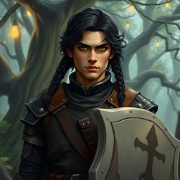 A D&D humano cleric with wavy black hair styled in two braids on the sides, dark brown eyes, wearing medium armor in black and brown colors, carrying a light shield