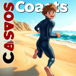 Detailed anime-style cover art for an educational science magazine issue titled 'Coasts', depicting an excited teen male character in a shiny wet wetsuit