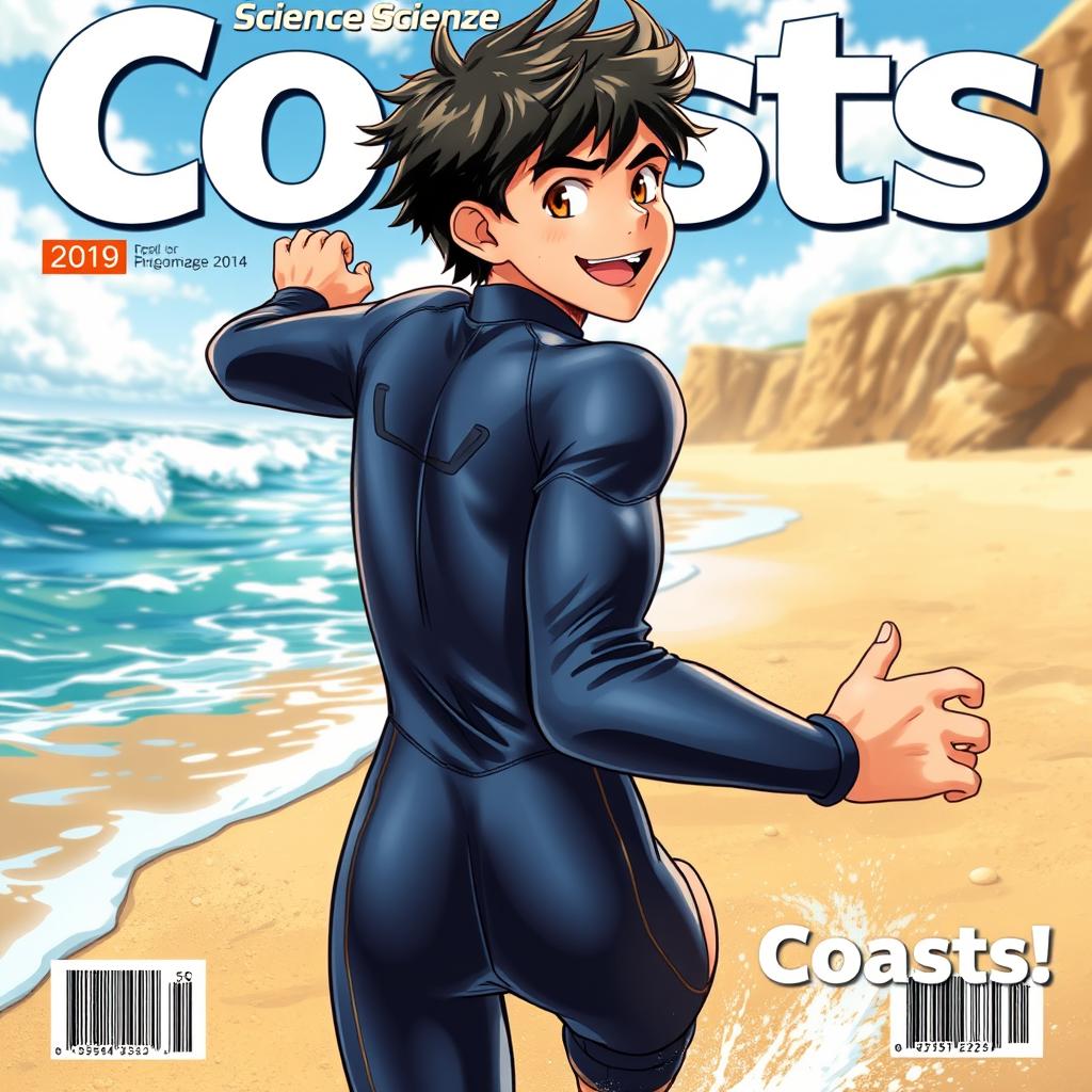 Detailed anime-style cover art for an educational science magazine issue titled 'Coasts', depicting an excited teen male character in a shiny wet wetsuit