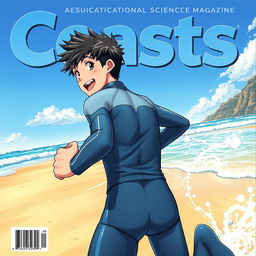 Detailed anime-style cover art for an educational science magazine issue titled 'Coasts', depicting an excited teen male character in a shiny wet wetsuit