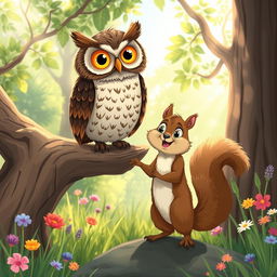A whimsical illustration depicting a wise old owl perched on a sturdy oak branch with an intricate feather pattern and large, expressive golden eyes