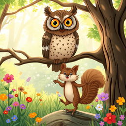 A whimsical illustration depicting a wise old owl perched on a sturdy oak branch with an intricate feather pattern and large, expressive golden eyes