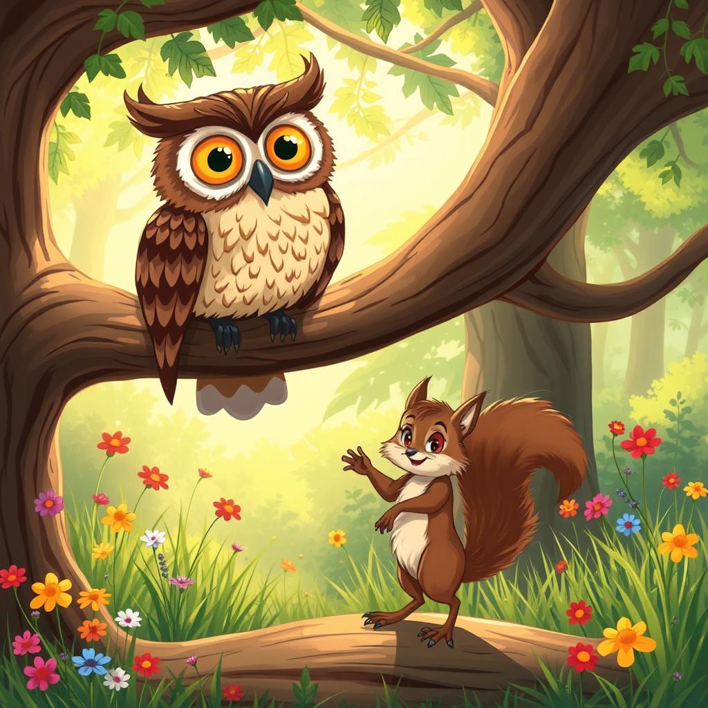 A whimsical illustration depicting a wise old owl perched on a sturdy oak branch with an intricate feather pattern and large, expressive golden eyes