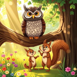 A whimsical illustration depicting a wise old owl perched on a sturdy oak branch with an intricate feather pattern and large, expressive golden eyes