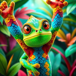 A 3D illustration of a vibrant, colorful chameleon with strikingly bright eyes