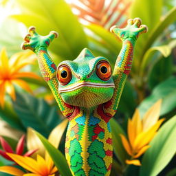 A 3D illustration of a vibrant, colorful chameleon with strikingly bright eyes